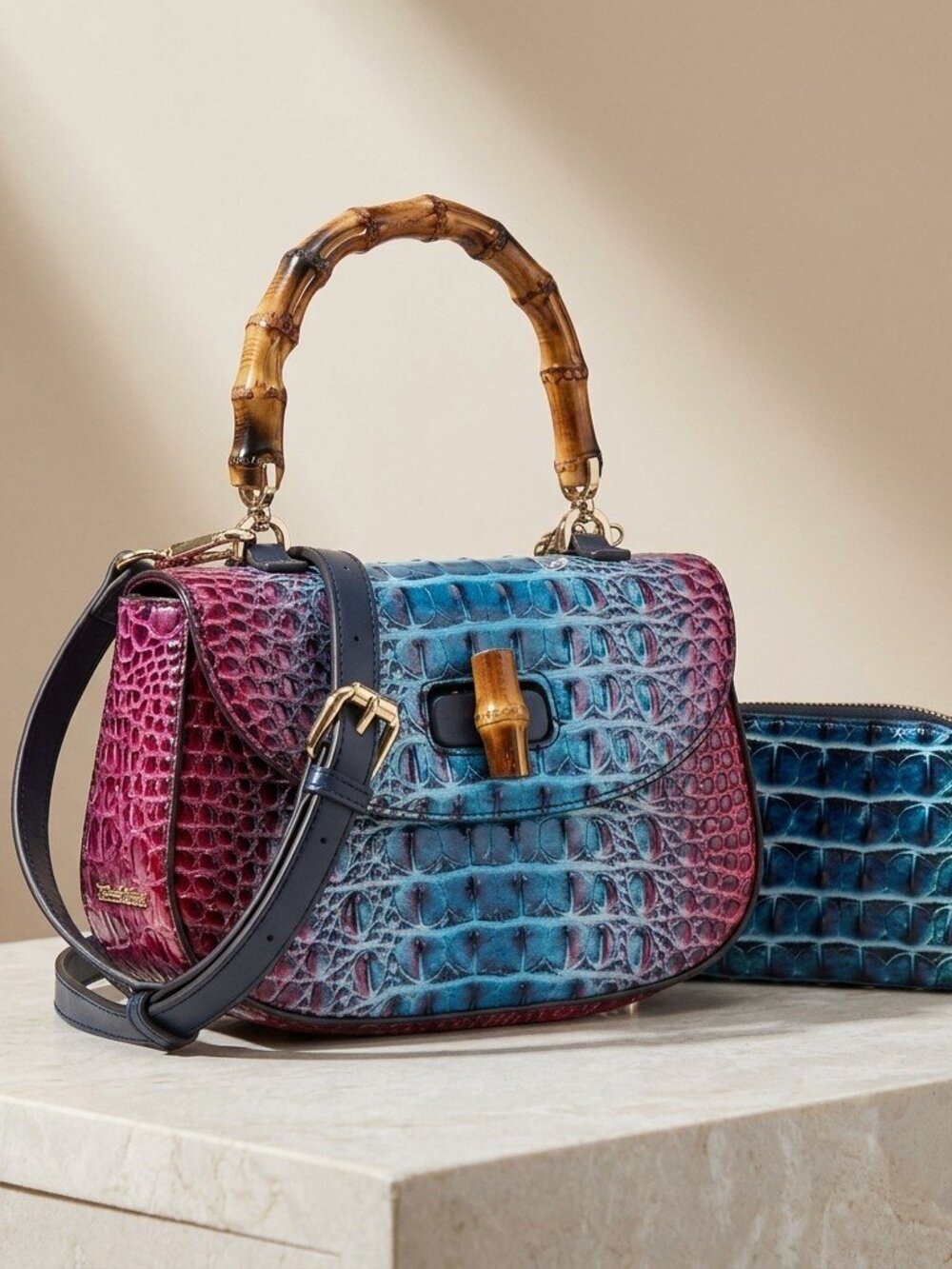 Bamboo Handle Croc-Embossed T-Dyed Satchel/Crossbody and wallet set